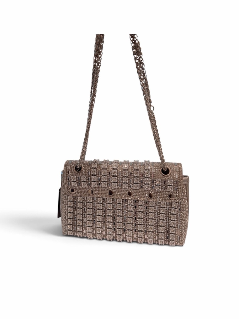 Crystal-Embellished Brown Shoulder Bag with Chain Strap